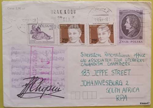 Poland - Illustrated `CHOPIN` Postal Envelope - 1981 -  NIE CENZUROWANO - to RSA