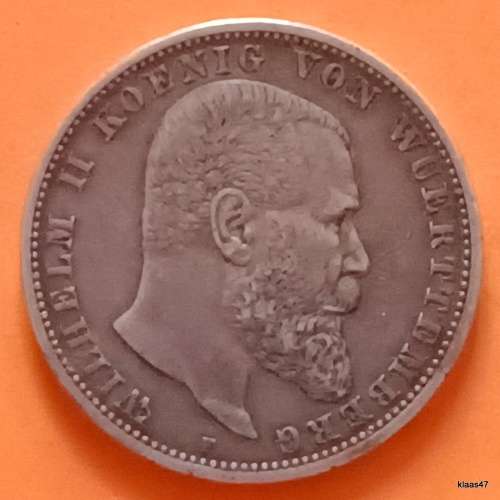 Germany - German State Wuerttemberg - 1904 F - Wilhelm II - 5 Deutsche Mark - Silver