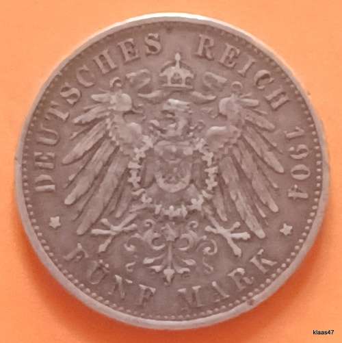 Germany - German State Wuerttemberg - 1904 F - Wilhelm II - 5 Deutsche Mark - Silver