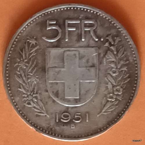 Switzerland - 1951 - 5 Francs - (Herdsman) - Silver (.835)