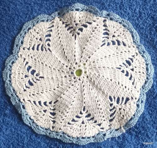 Hand Crochet Doilie with White cotton and Light blue edge