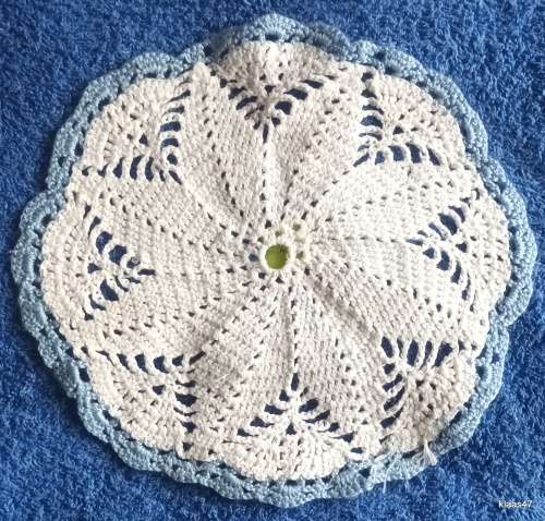 Hand Crochet Doilie with White cotton and Light blue edge