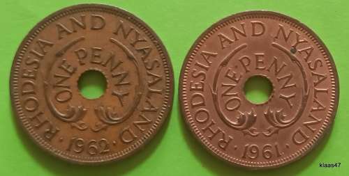 Rhodesia and Nyasaland - 1961 and 1962 - One Penny - Bronze