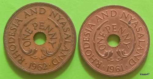 Rhodesia and Nyasaland - 1961 and 1962 - One Penny - Bronze