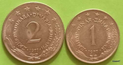 Yugoslavia - 1977 - 1 Dinar and 2 Dinara - Nickel brass
