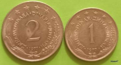Yugoslavia - 1977 - 1 Dinar and 2 Dinara - Nickel brass