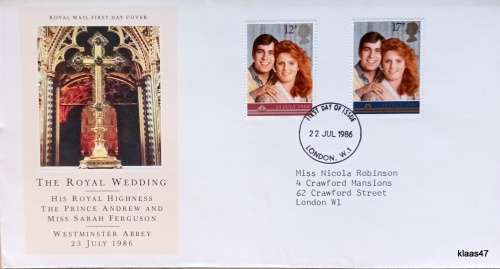GB - 1986 - Royal Wedding : Prince Andrew and Lady Sarah Ferguson - Royal Mail First Day Cover