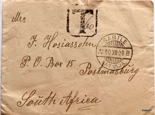 Union of South Africa - 1928 - Latvia cover to SA with postage dues on reverse of envelope