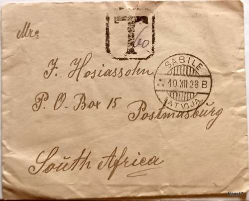 Union of South Africa - 1928 - Latvia cover to SA with postage dues on reverse of envelope