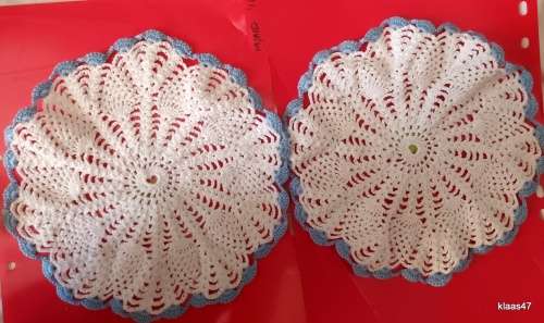 Two Hand Crochet Doilies in White cotton with Blue Edge
