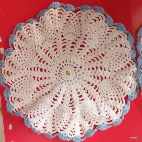 Two Hand Crochet Doilies in White cotton with Blue Edge
