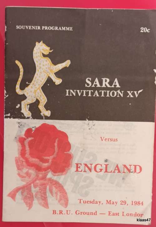 Souvenir Programme - SARA Invitation XV Versus England - 1984 - B.R.U. Ground, East London