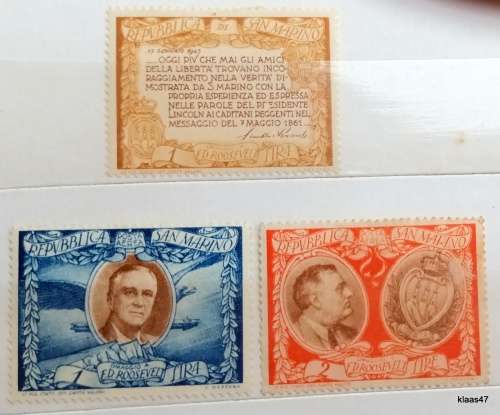 San Marino - 1947 - Death of Roosevelt - 3 Unused Hinged stamps