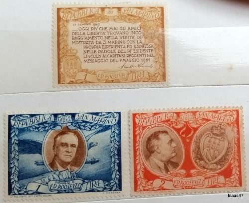 San Marino - 1947 - Death of Roosevelt - 3 Unused Hinged stamps