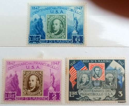 San Marino - 1947 - Anniversary of First US Stamp - 3 Unused Hinged stamps