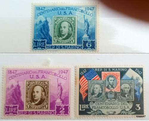 San Marino - 1947 - Anniversary of First US Stamp - 3 Unused Hinged stamps