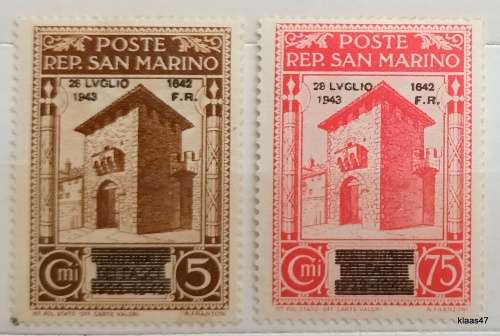 San Marino - 1943 - Fall of fascism - 2 Unused Hinged stamps - Overprint 28 LVGLIO 1943/1642 F.R.