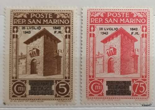 San Marino - 1943 - Fall of fascism - 2 Unused Hinged stamps - Overprint 28 LVGLIO 1943/1642 F.R.