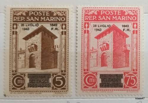 San Marino - 1943 - Fall of fascism - 2 Unused Hinged stamps - Overprint 28 LVGLIO 1943/1642 F.R.