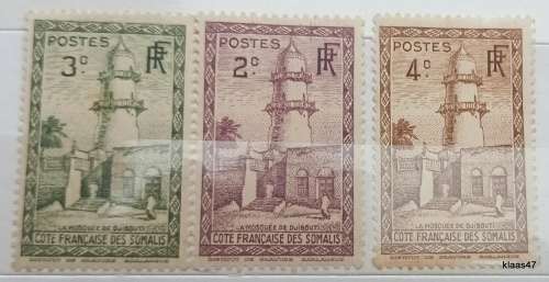 French Somalia - 1938-40 - Mosque at Djibouti - 3 Unused Hinged stamps