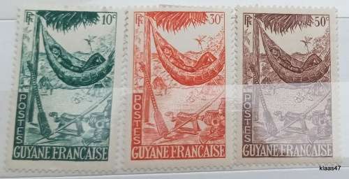 French Guyana - 1947 -  Woman in Hammock - 3 Unused Hinged stamps