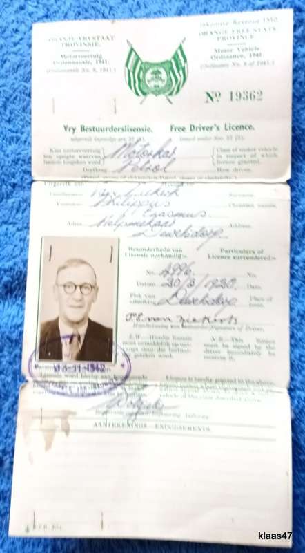 Oranje-Vrystaat Provinsie Orange Free State Province - 1942 - Driver`s Licence No. 19362