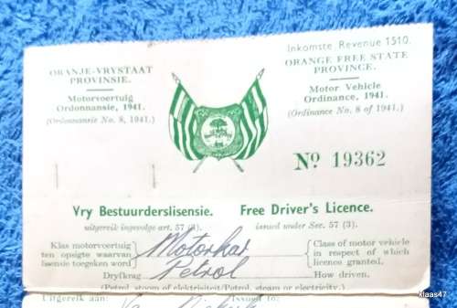 Oranje-Vrystaat Provinsie Orange Free State Province - 1942 - Driver`s Licence No. 19362