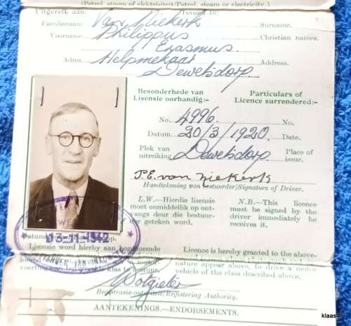 Oranje-Vrystaat Provinsie Orange Free State Province - 1942 - Driver`s Licence No. 19362