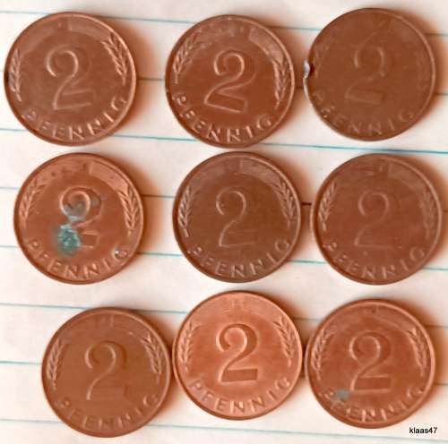 Germany - Fed Republic - 1967-2001 - 2 Pfennig (magnetic) - Copper clad iron (9 coins various dates)