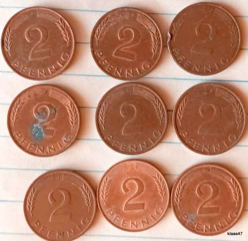Germany - Fed Republic - 1967-2001 - 2 Pfennig (magnetic) - Copper clad iron (9 coins various dates)
