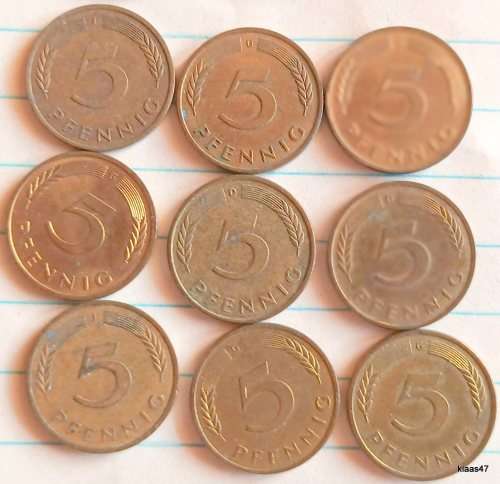 Germany - Fed Republic - 1950-2001 - 5 Pfennig - Brass clad steel (9 coins various dates)