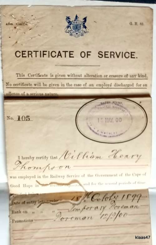 Certificate of Service - Railway Services of the Government of the Cape of Good Hope - 1900