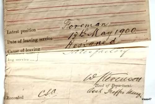 Certificate of Service - Railway Services of the Government of the Cape of Good Hope - 1900