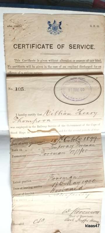 Certificate of Service - Railway Services of the Government of the Cape of Good Hope - 1900
