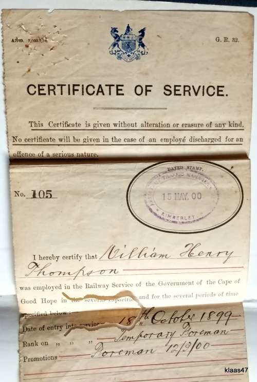 Certificate of Service - Railway Services of the Government of the Cape of Good Hope - 1900