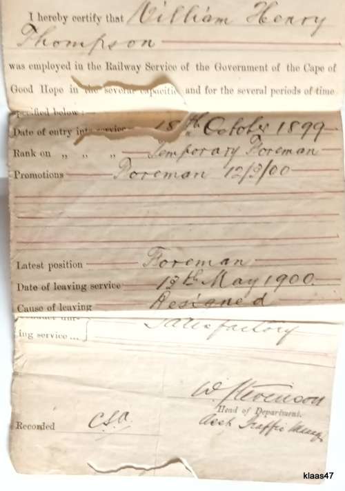 Certificate of Service - Railway Services of the Government of the Cape of Good Hope - 1900