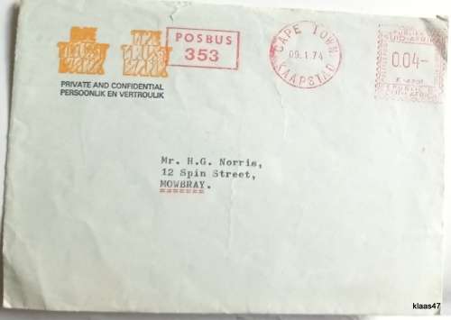 Trust Bank Envelope - Date stamp Cape Town 1974
