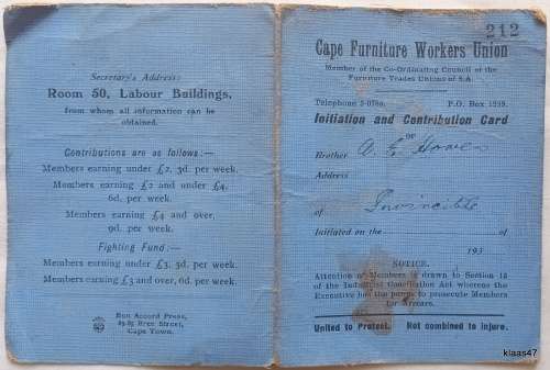 Cape Furniture Workers Union - 1938/39 - Contribution Card