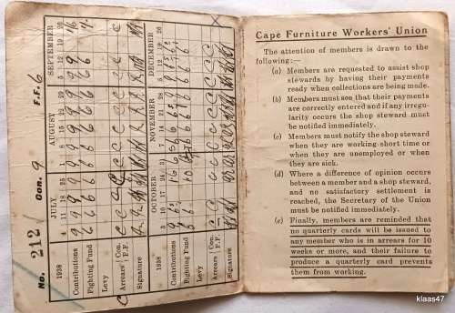 Cape Furniture Workers Union - 1938/39 - Contribution Card