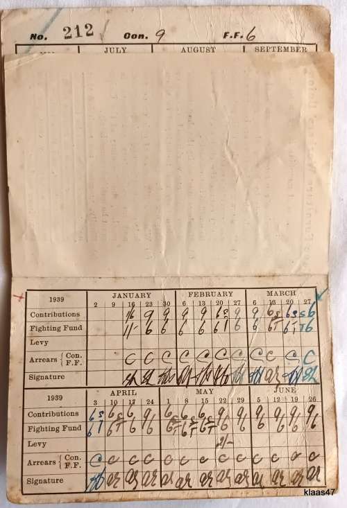 Cape Furniture Workers Union - 1938/39 - Contribution Card