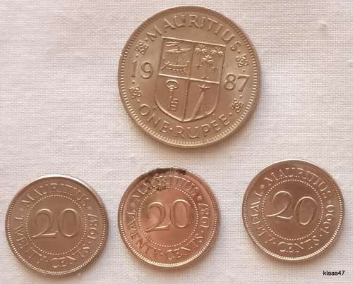 Mauritius - 1987 1 Rupee(copper-nickel), 20 cents 1987x2 and 1990x1 (Nickel plated steel)