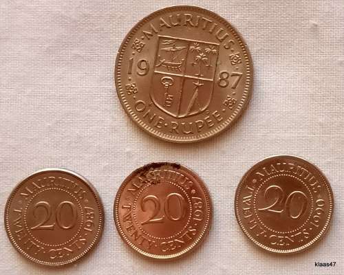 Mauritius - 1987 1 Rupee(copper-nickel), 20 cents 1987x2 and 1990x1 (Nickel plated steel)