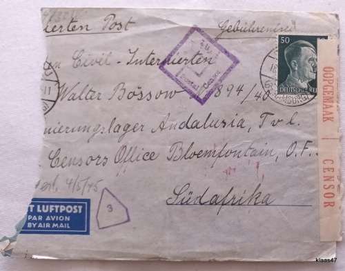 Censor Mail Envelope - Posted Hamburg Germany to Bloemfontein South Africa - 1945 (via Egypt)