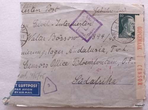 Censor Mail Envelope - Posted Hamburg Germany to Bloemfontein South Africa - 1945 (via Egypt)