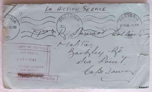Env. - On Active Service - Depart of Defence S.A. Air Force - Dated 10-7-1941 at Voortrekkerhoogte