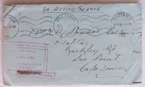 Env. - On Active Service - Depart of Defence S.A. Air Force - Dated 10-7-1941 at Voortrekkerhoogte
