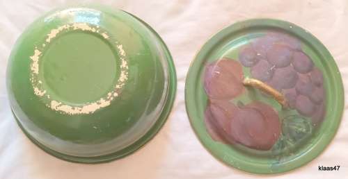 Yellow Enamel Lidded Bowl  (Outside painted Green)