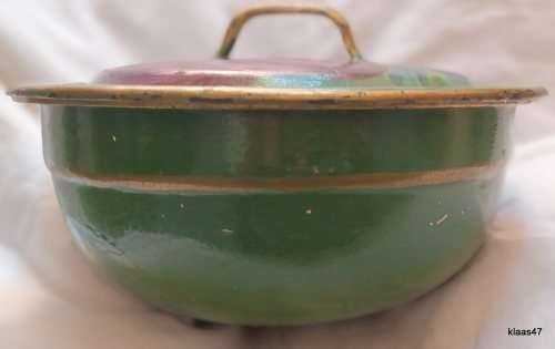 Yellow Enamel Lidded Bowl  (Outside painted Green)
