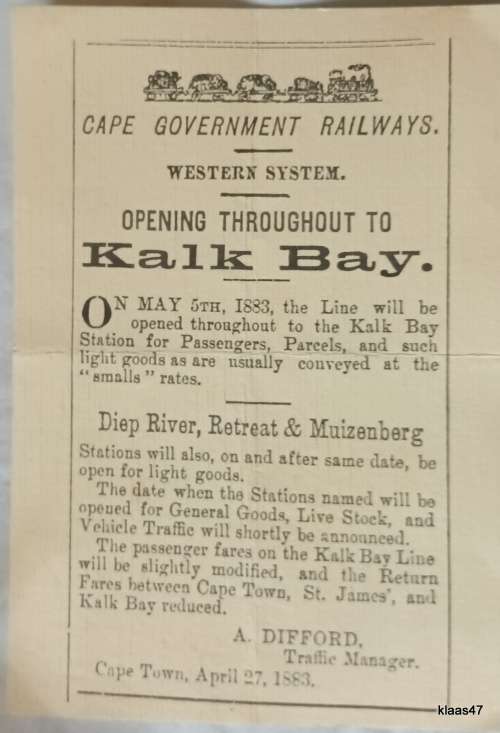 Kalk Bay Railway Centenary 1983 Celebration with Copy of 1883 Cape Government Railways Notice