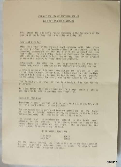 Kalk Bay Railway Centenary 1983 Celebration with Copy of 1883 Cape Government Railways Notice